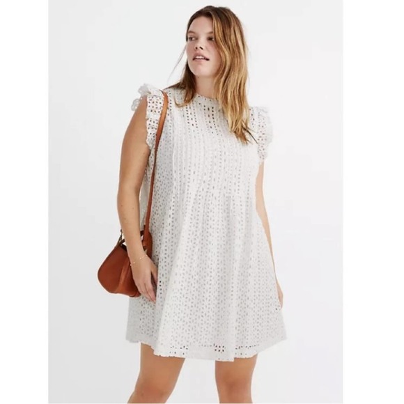 Madewell Dresses & Skirts - Madewell XXL Eyelet Ruffle-Sleeve Pintuck Mini Dress White AN137